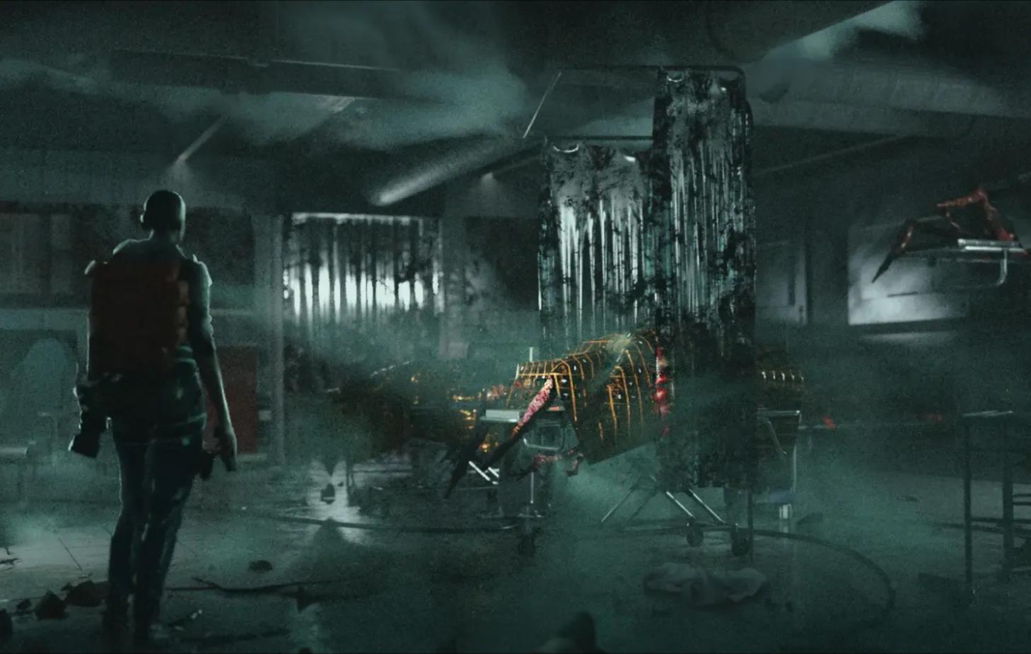 Armed person in a dimly lit room with stretchers and unknown figures