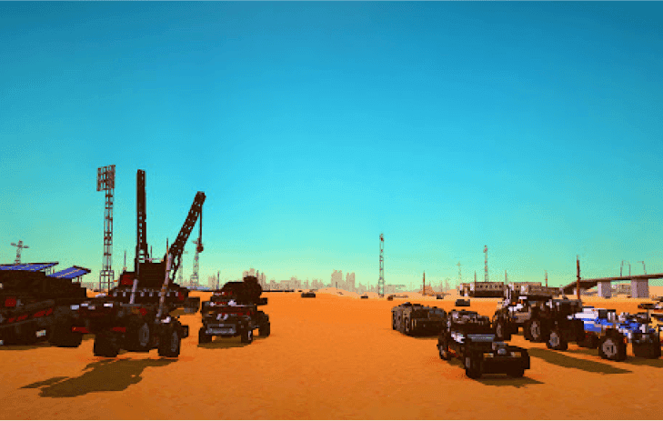 vehicles in a desert to be heading toward the city