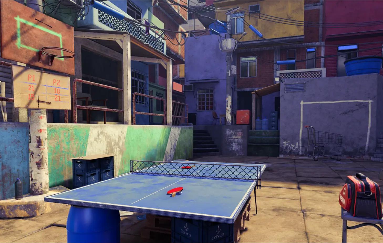 Blue ping pong table in an unconventional setting